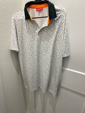 Redvanly Men's White Dot-Print Polo with Black & Orange Collar XL